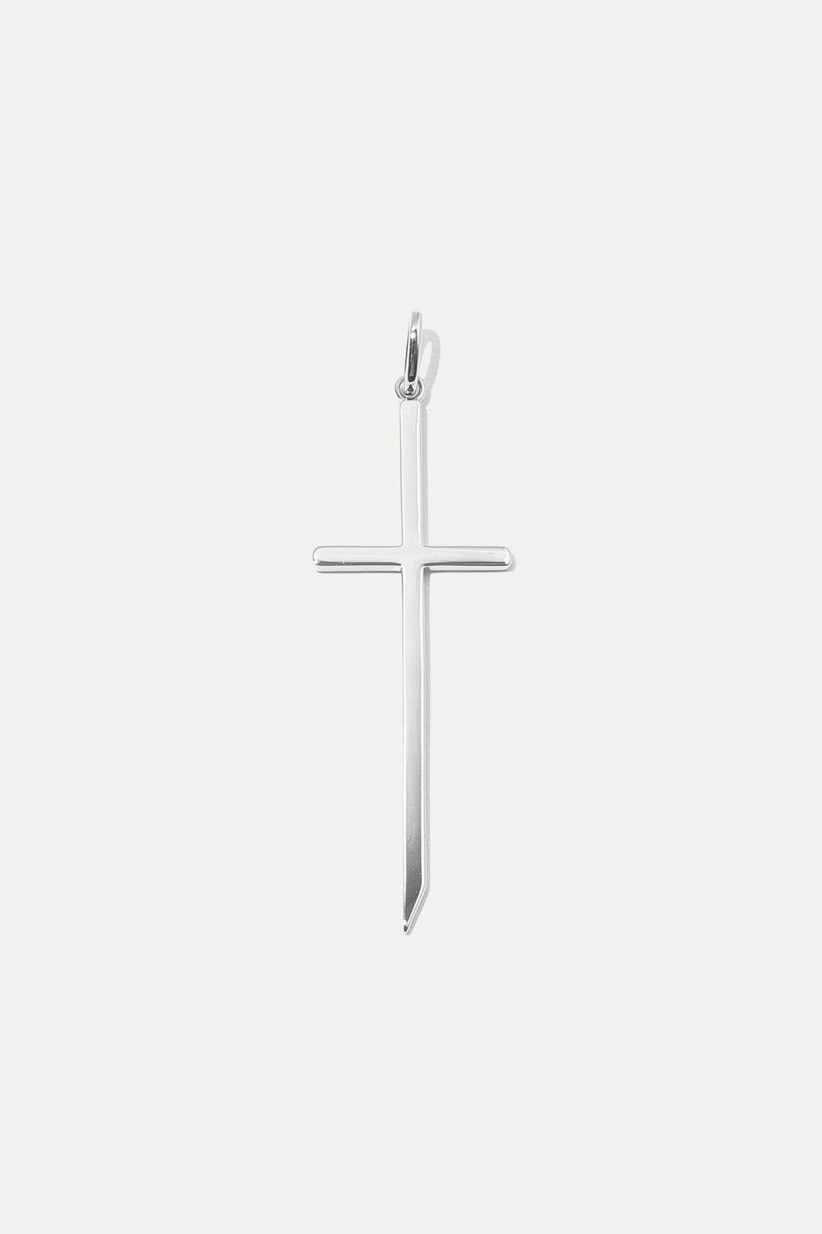 Silver Cross Charm with sleek, elongated lines and an open bail on a white background.