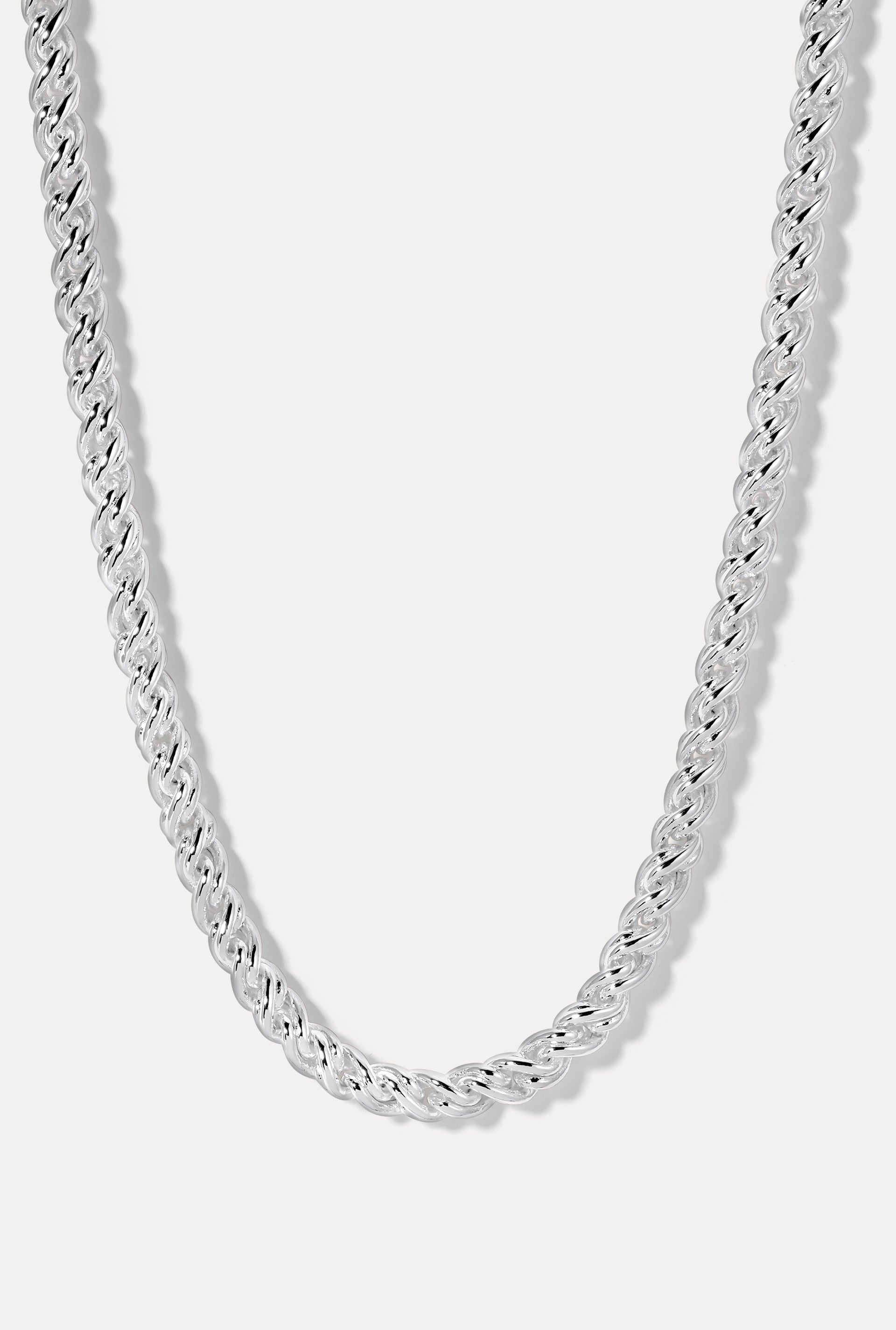 Adriana Silver Rope Chain Necklace draped vertically on a white background, highlighting 6mm chain links.