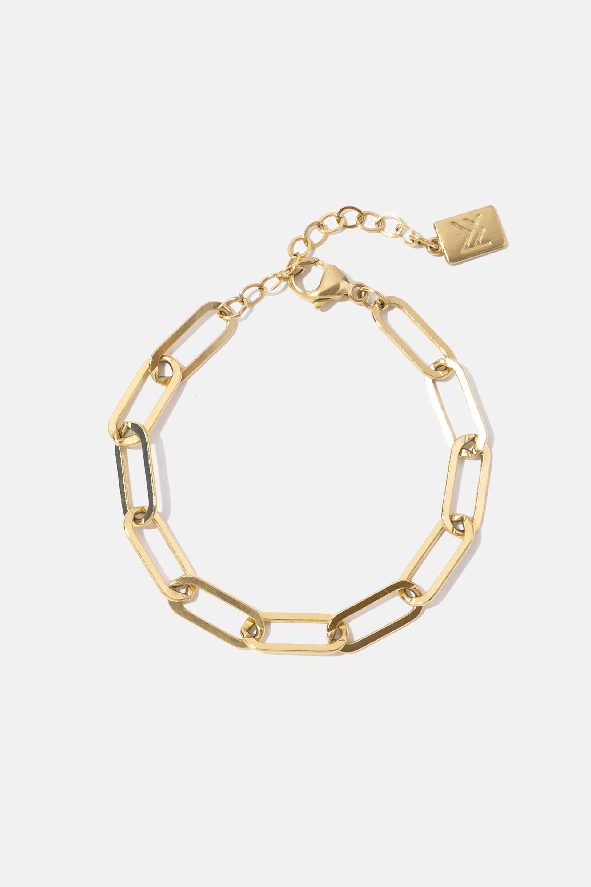 Gold-filled Erin Bracelet in a circle on a white background with open links, extender, and logo tag.