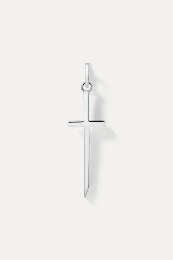 Silver slender cross charm on a bail against a plain white background.