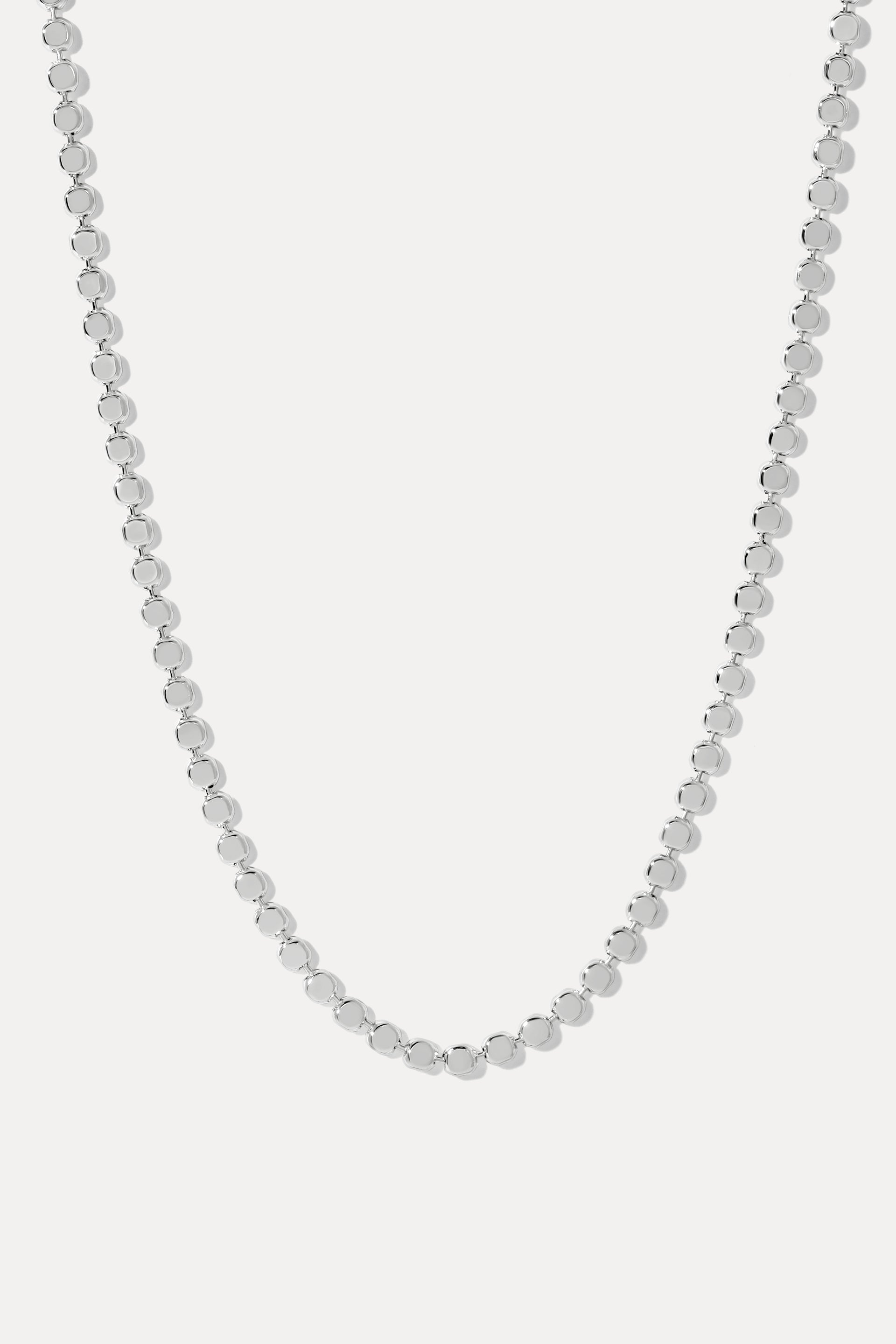 Paisley Silver Mirror Chain Necklace in sterling silver-plated brass on a white background