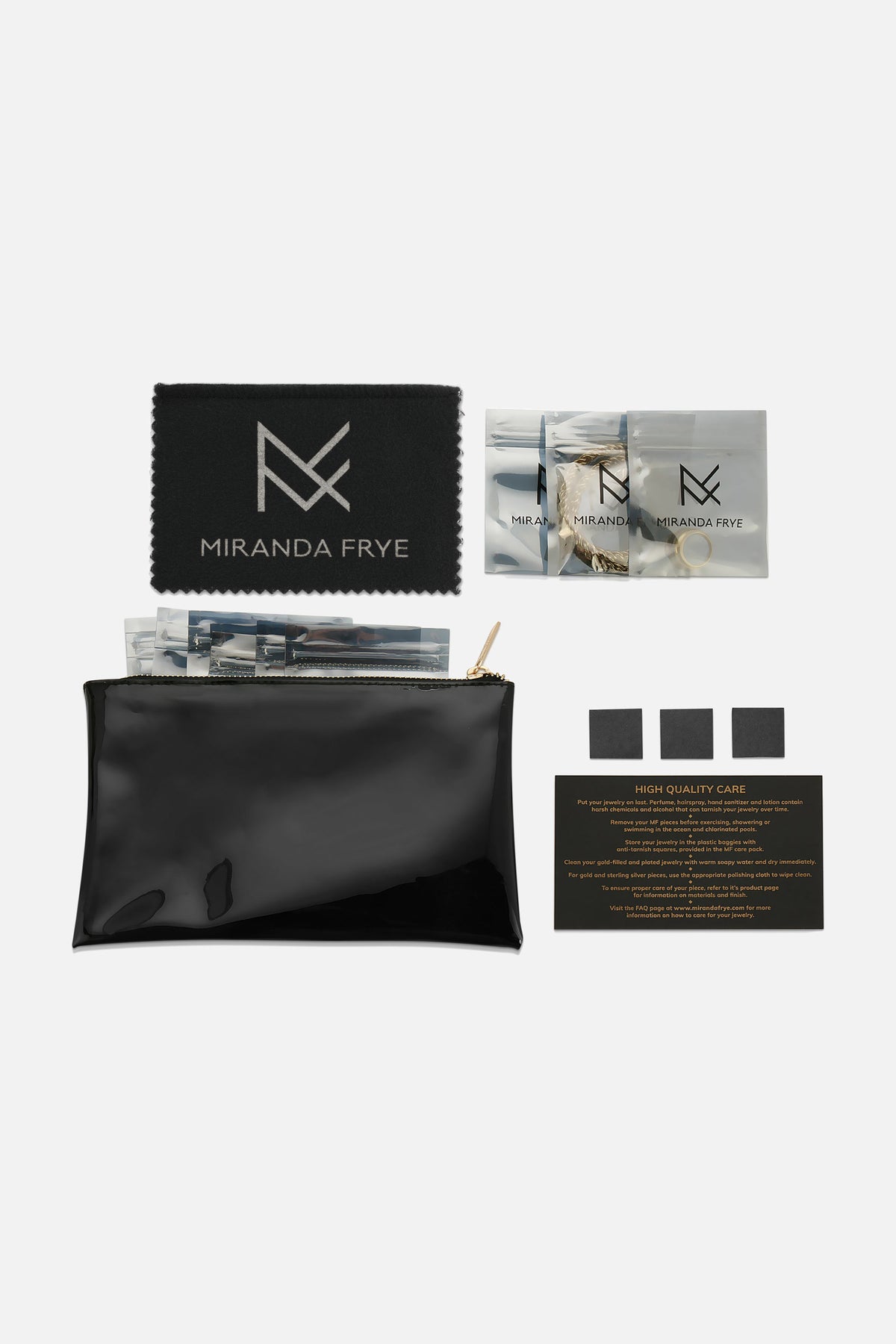 Image of the Miranda Frye care pack consisting of polishing cloth, anti-tarnish squares, a pouch and individual baggies.