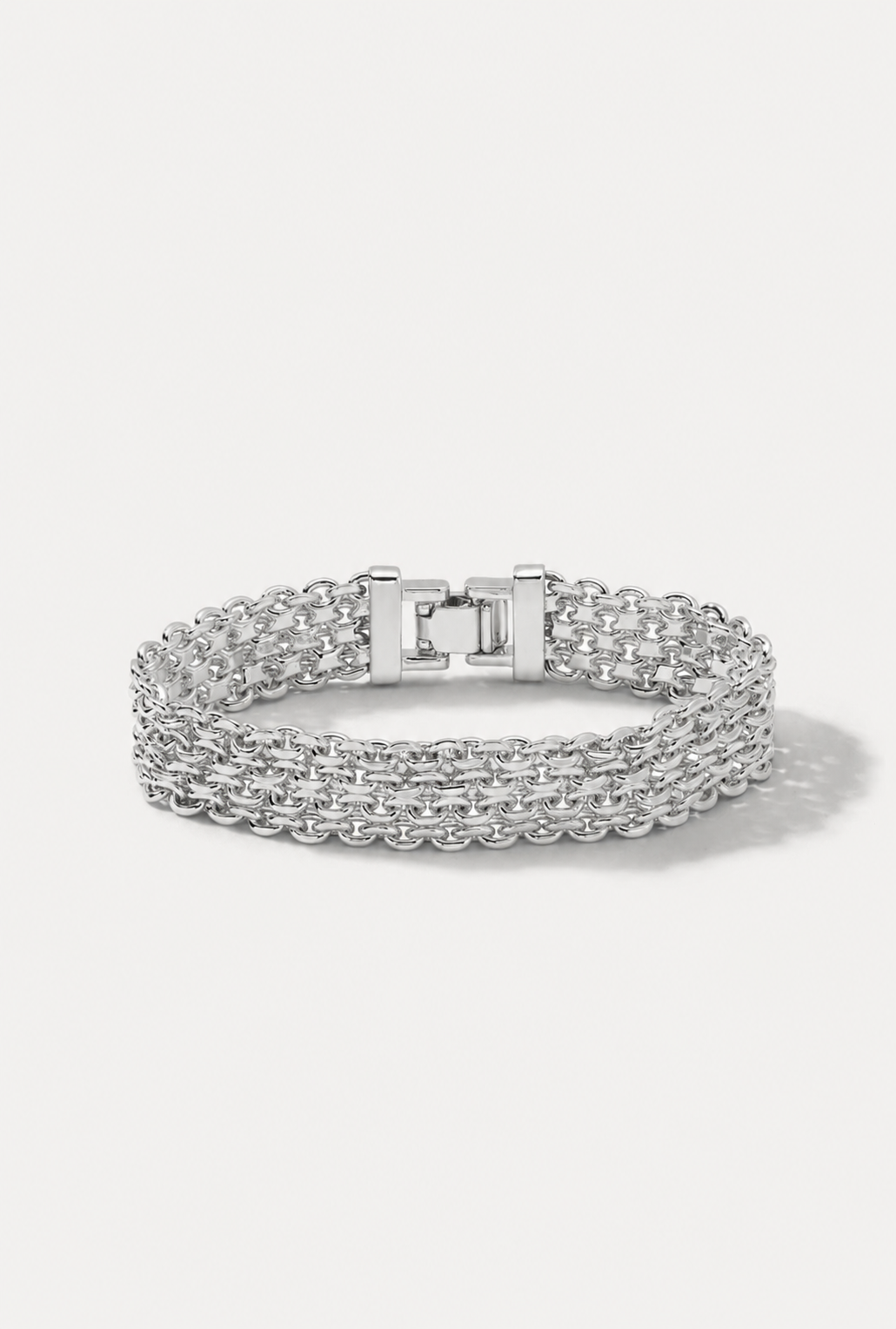 Silver Camryn bracelet featuring a multi-row woven link design displayed on a white background.