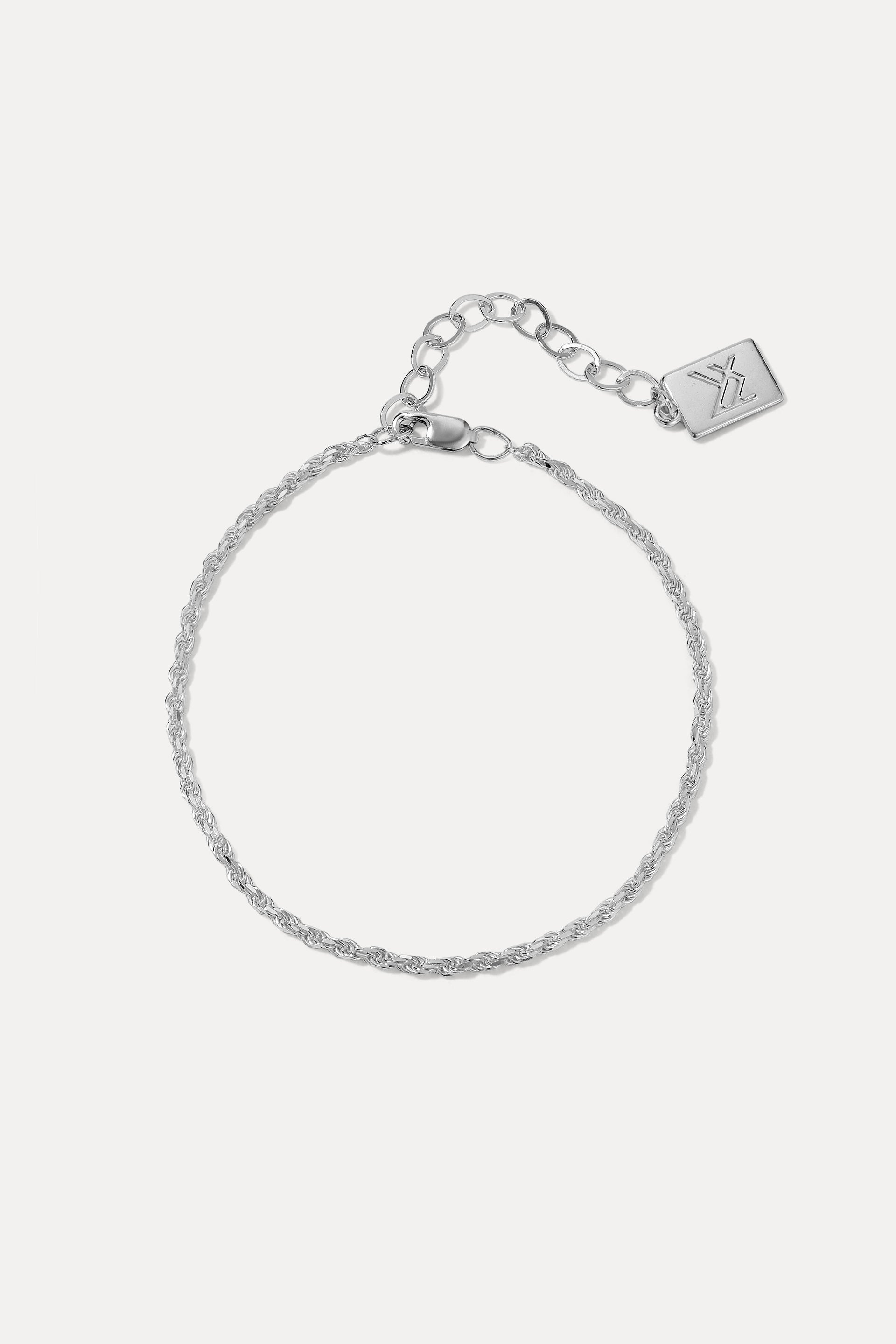 Sterling silver Kate rope chain bracelet displayed in a circle on a plain white background with logo tag.