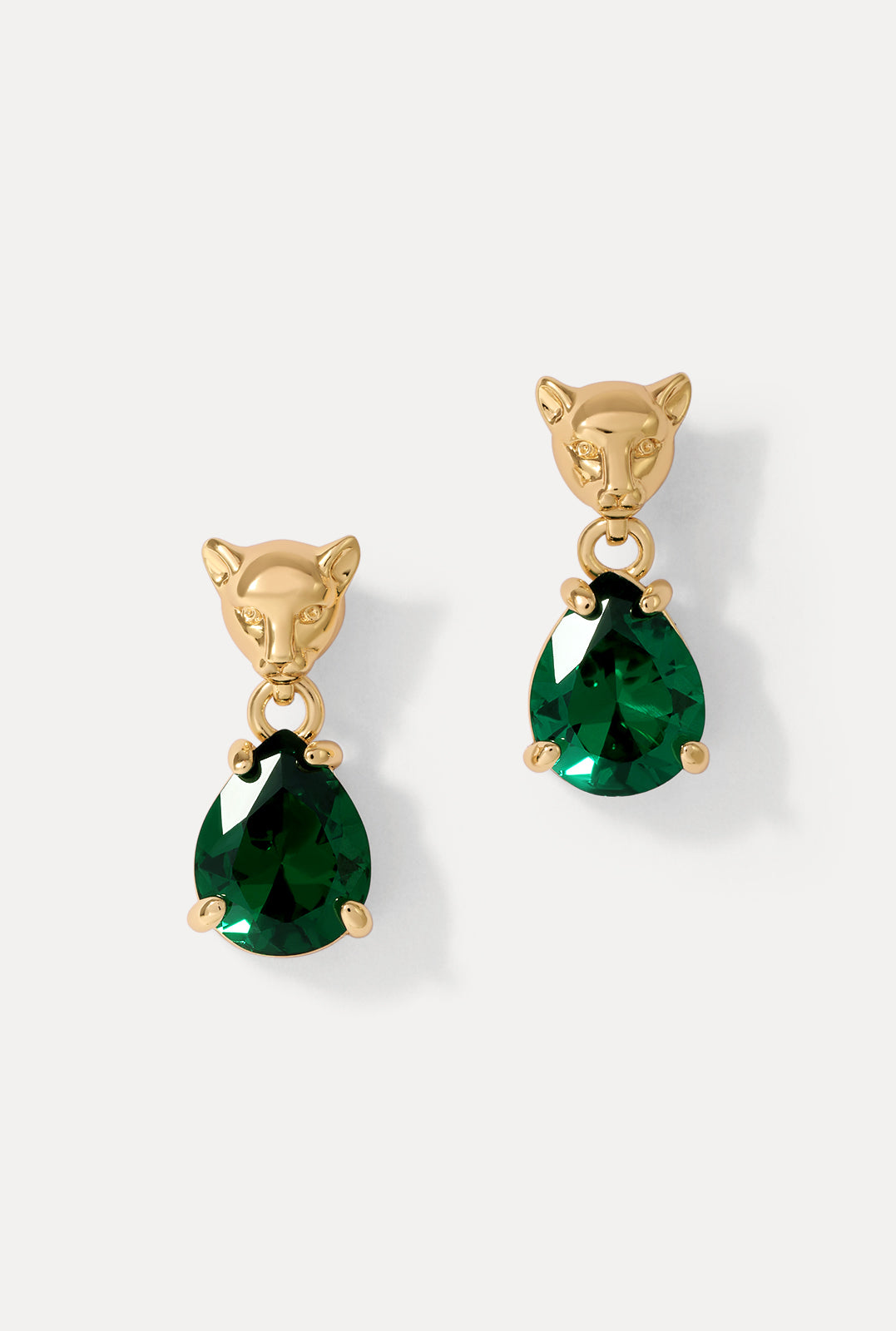 Pair of gold Panther Emerald drop earrings featuring sculpted panther studs and green teardrop gems on white background.